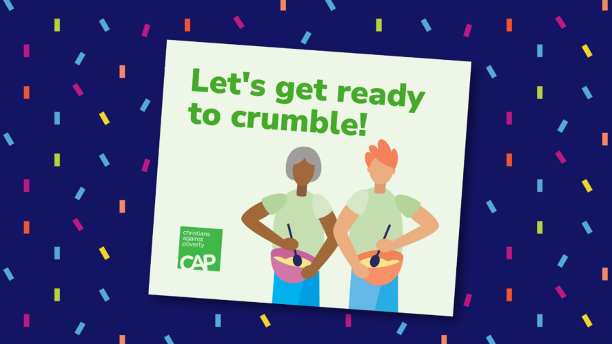 Illustration of the CAP Crumble Party Facebook post, on a blue confetti background
