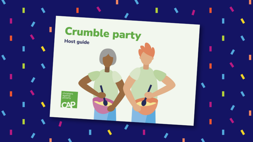 Illustration of the CAP Crumble Party host guide, on a blue confetti background