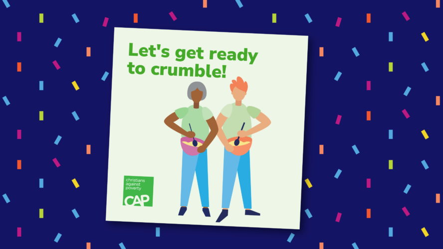 Illustration of the CAP Crumble Party Instagram post, on a blue confetti background