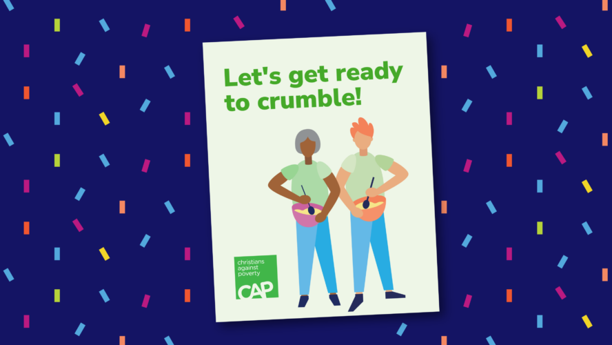Illustration of the CAP Crumble Party Instagram post, on a blue confetti background