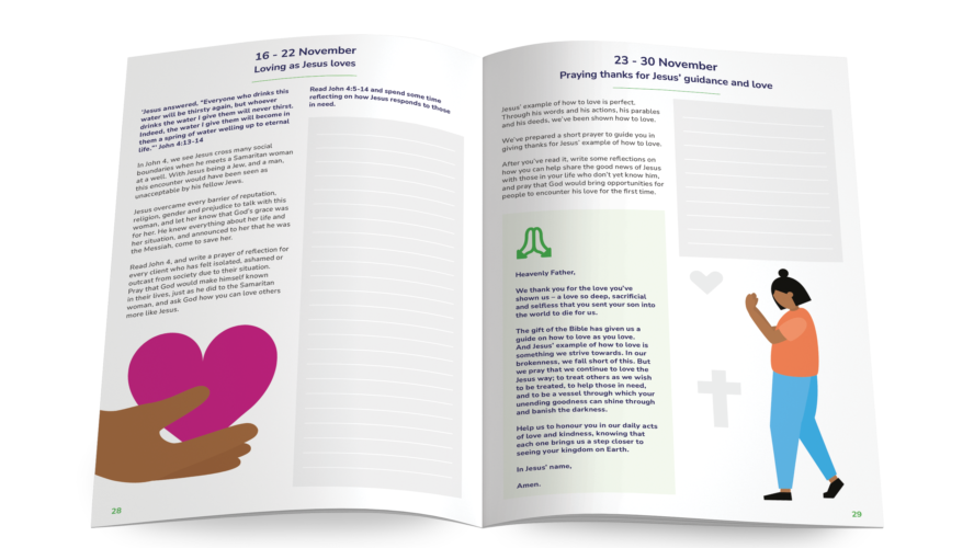 The inside pages of CAP's free prayer journal, showing scriptures, journal activities and illustrations