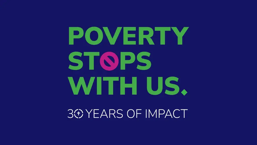 Blue background with CAP green logo that reads 'Poverty stops with us' and '30 years of impact' written in white