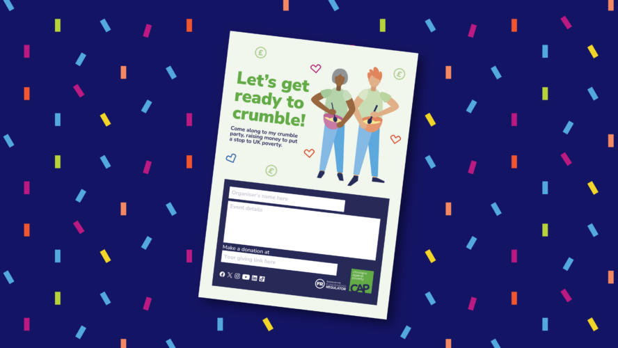 Illustration of the CAP Crumble Party promotional poster, on a blue confetti background