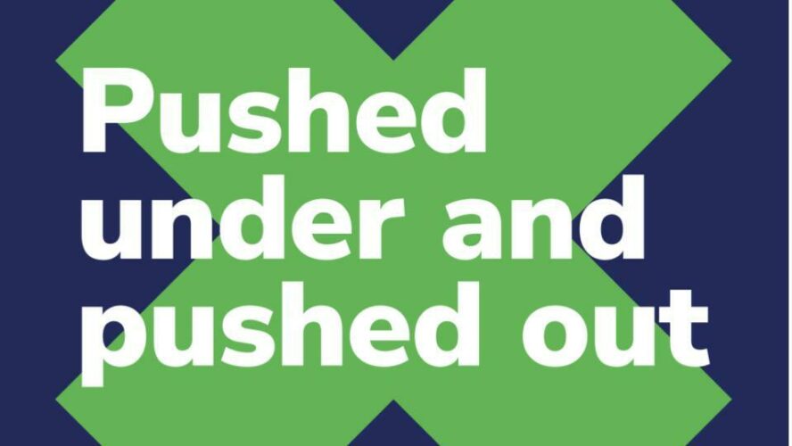 Pushed under and pushed out green and blue graphic.