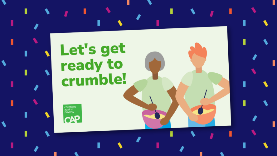 Illustration of the CAP Crumble Party X post, on a blue confetti background