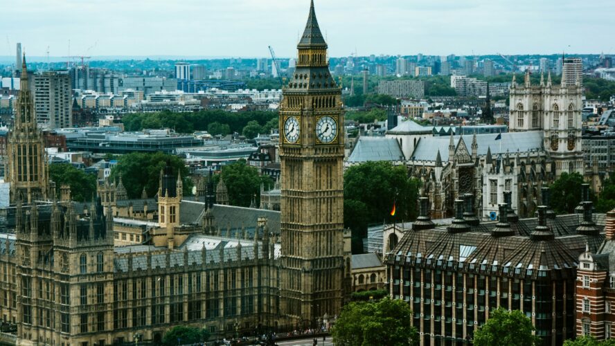 A photo of Westminster in London with a grey sky
