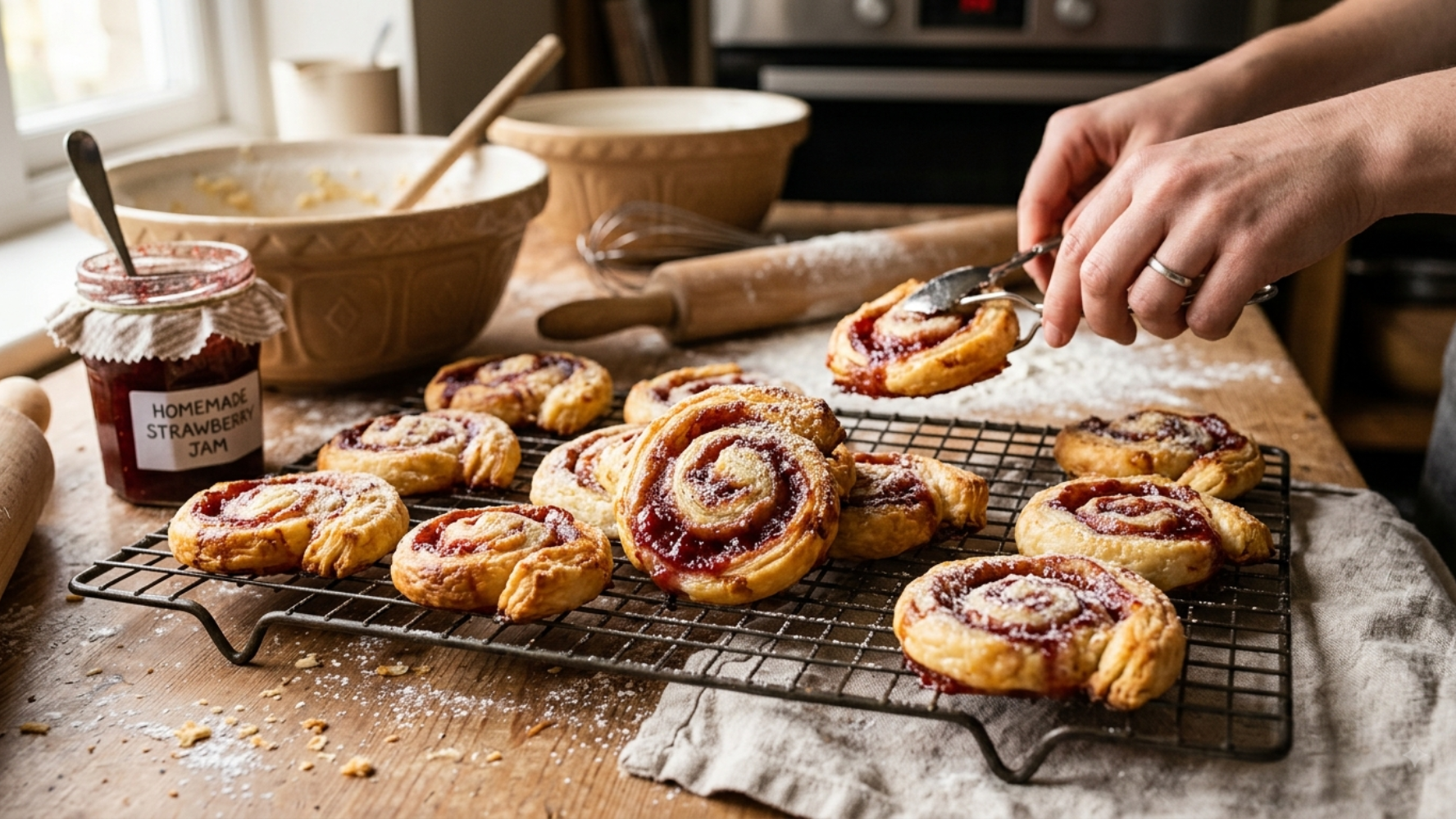 Gemini Generated Image of jam pinwheel pastries on a wire rack
