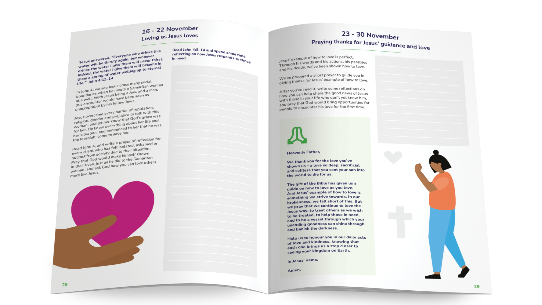 The inside pages of CAP's free prayer journal, showing scriptures, journal activities and illustrations