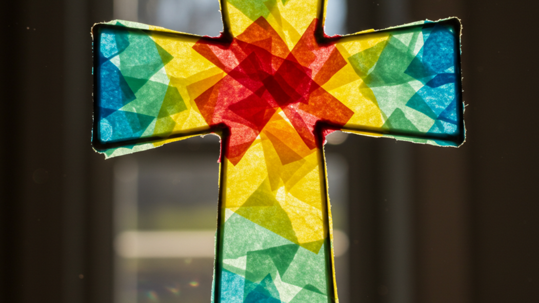 Image of a cross-shaped suncatcher made from tissue paper, stuck on the window