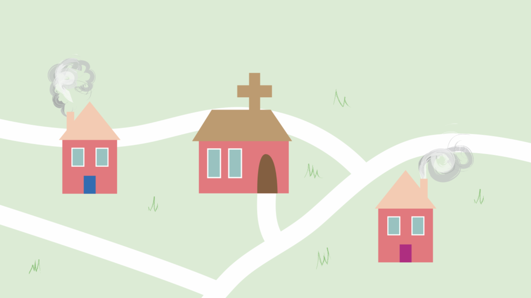 An illustration of houses and a church.
