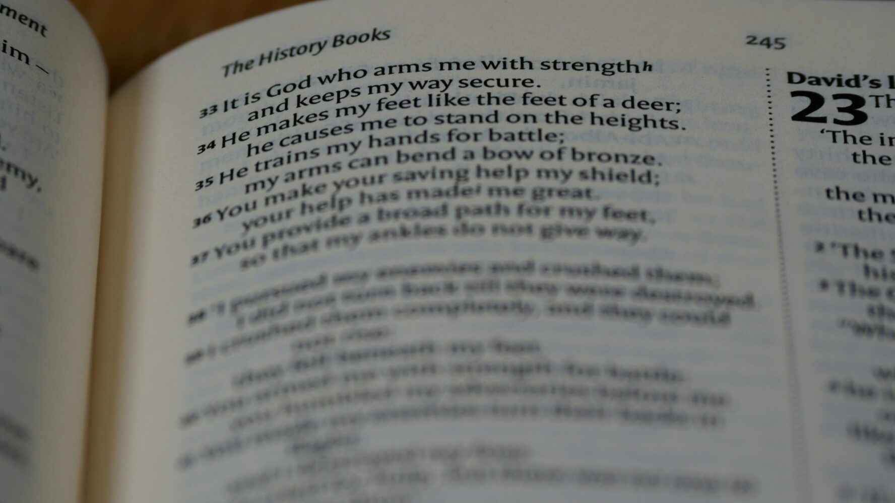 Image of a page of the Bible, focusing on the words 'it is God who arms me with strength and keeps my way secure