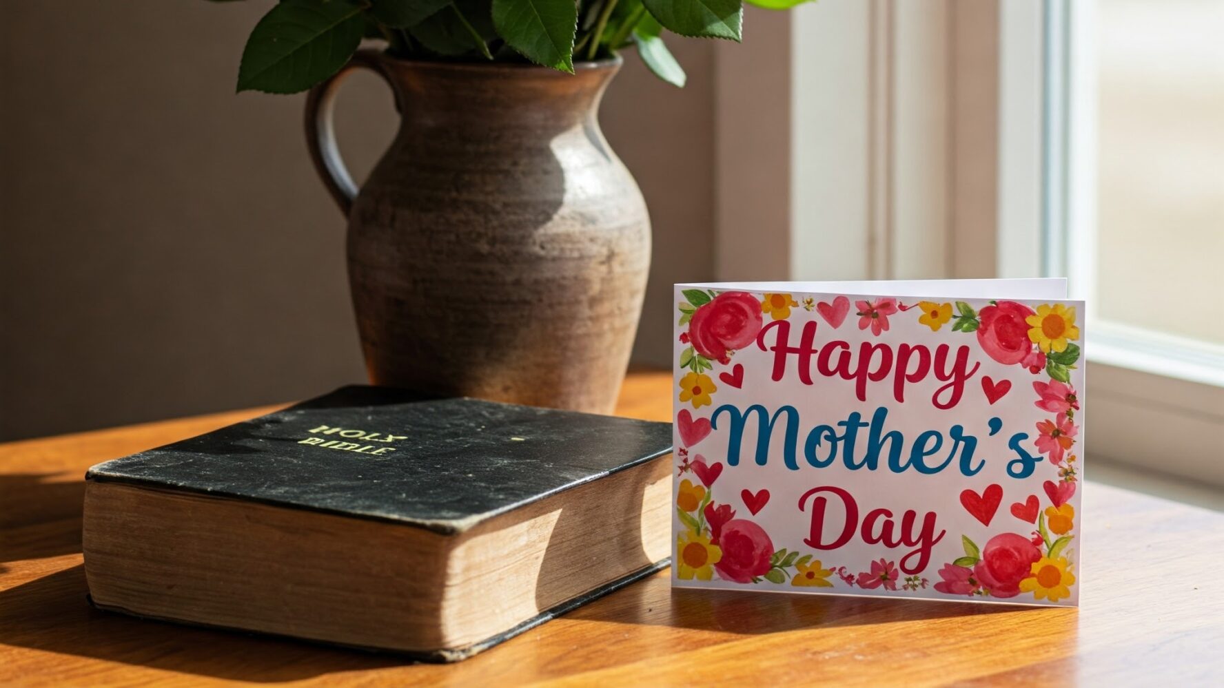 An image of a vase of flowers, mother's day card and a Bible