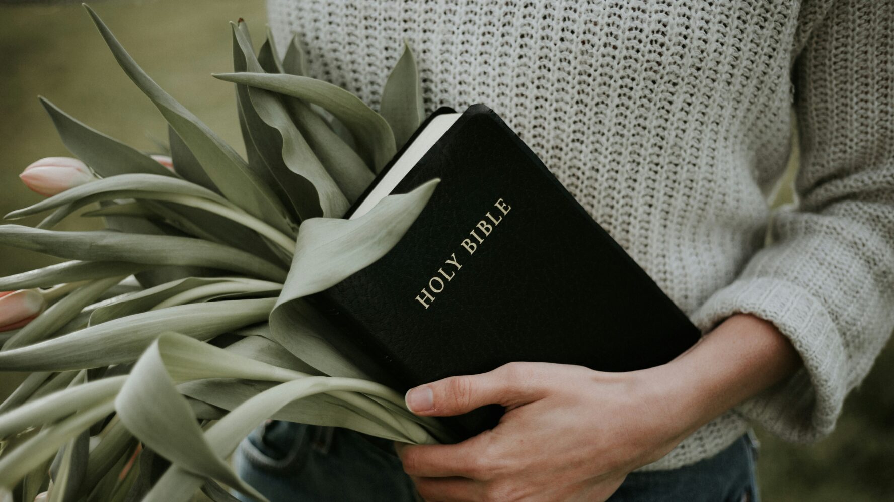 A person carrying a black Bible and a bunch of pink tulips.