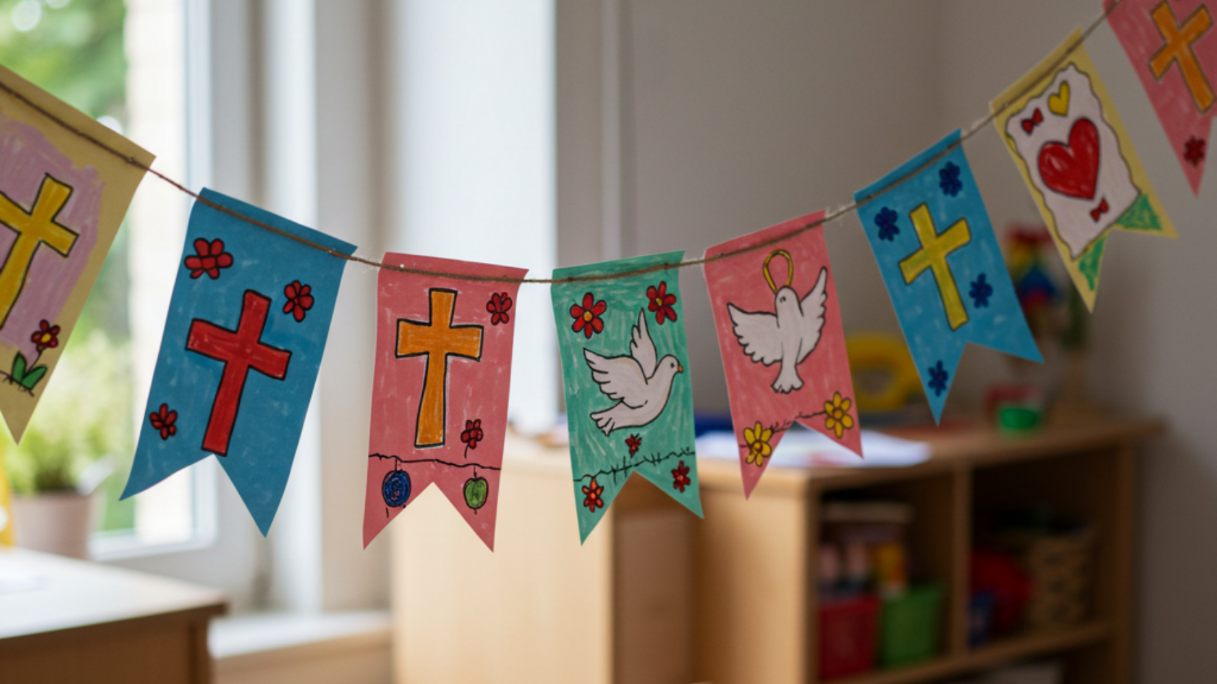 Colourful bunting flags with drawings of doves and Christian crosses on them