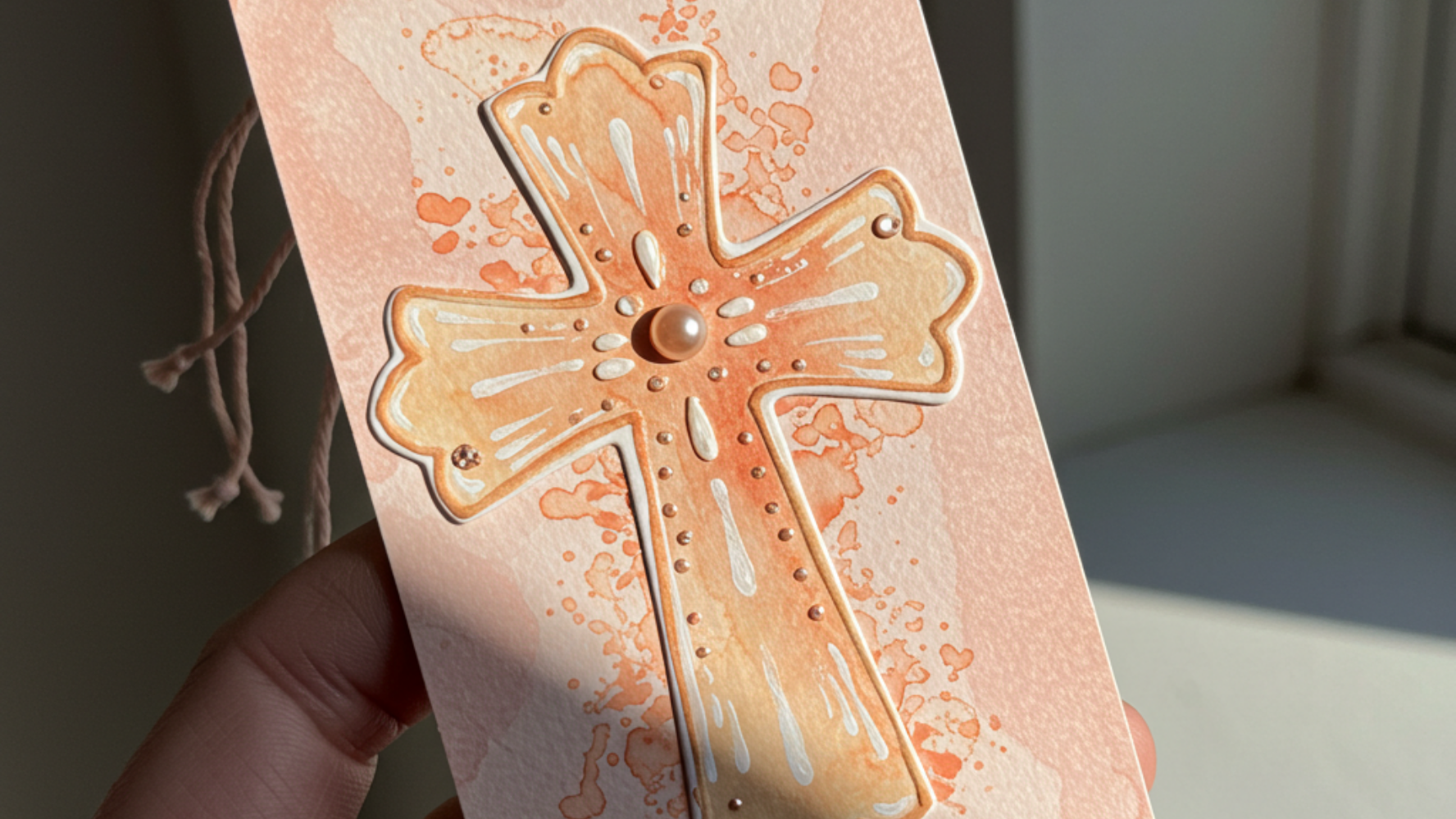 A handmade orange-coloured bookmark with a Christian cross on the front