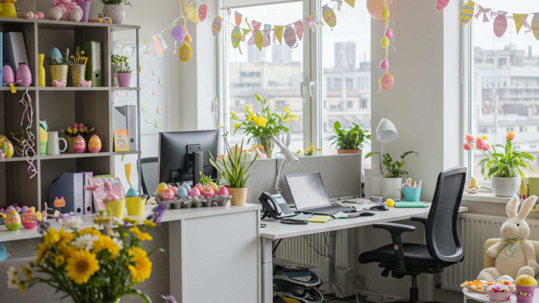 Image of an office decorated for Easter, including Easter bunting, flowers and decorated Easter eggs