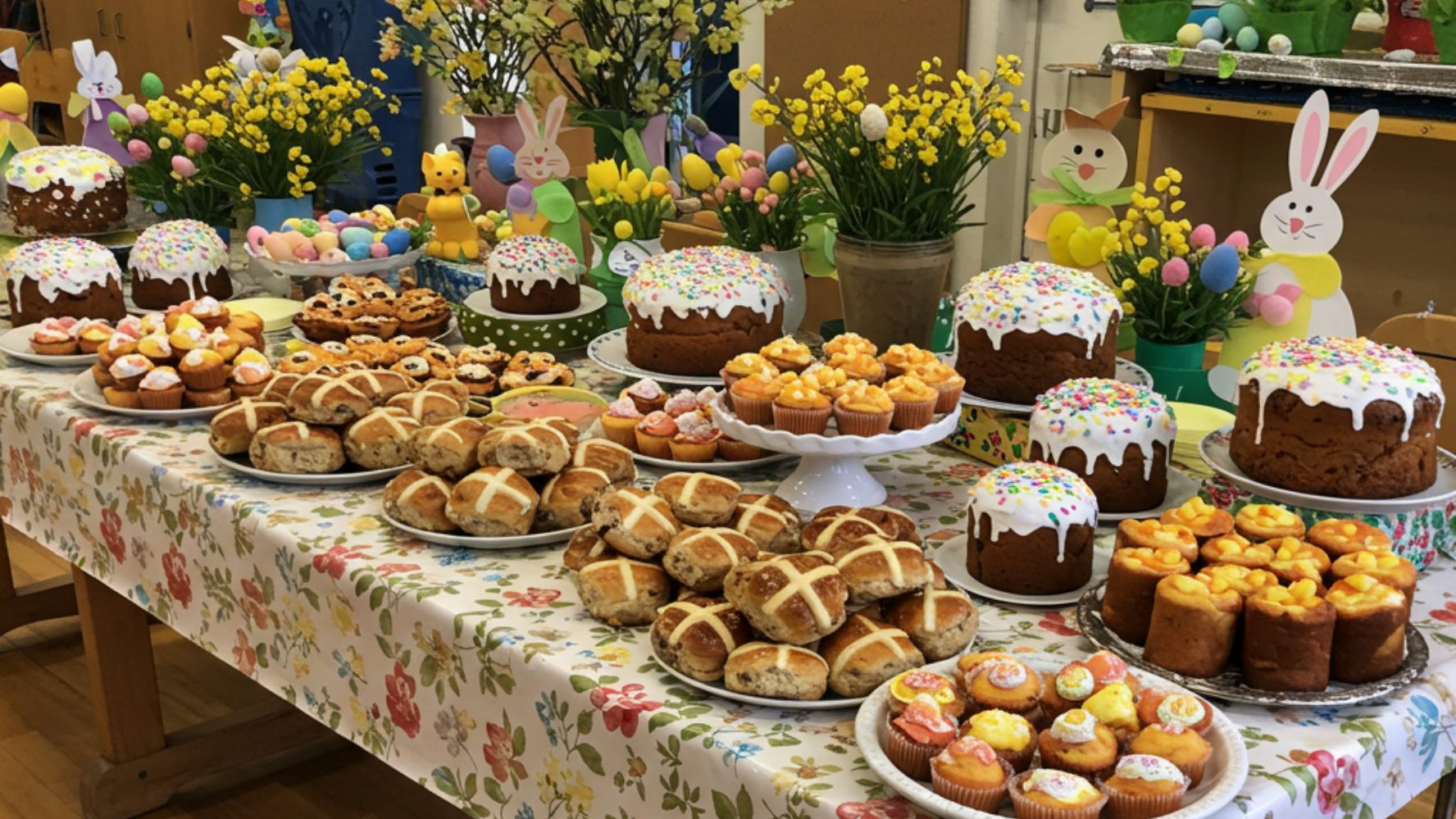 Photo of an Easter fundraising bake sale in a school hall. The table is filled with cakes and hot cross buns