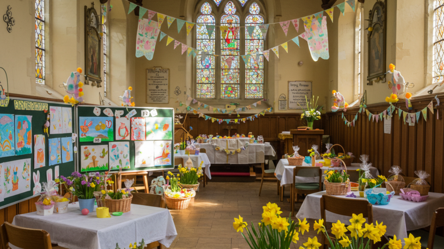 Image of a small church hall decorated for Easter, including bunting, easter eggs and flowers