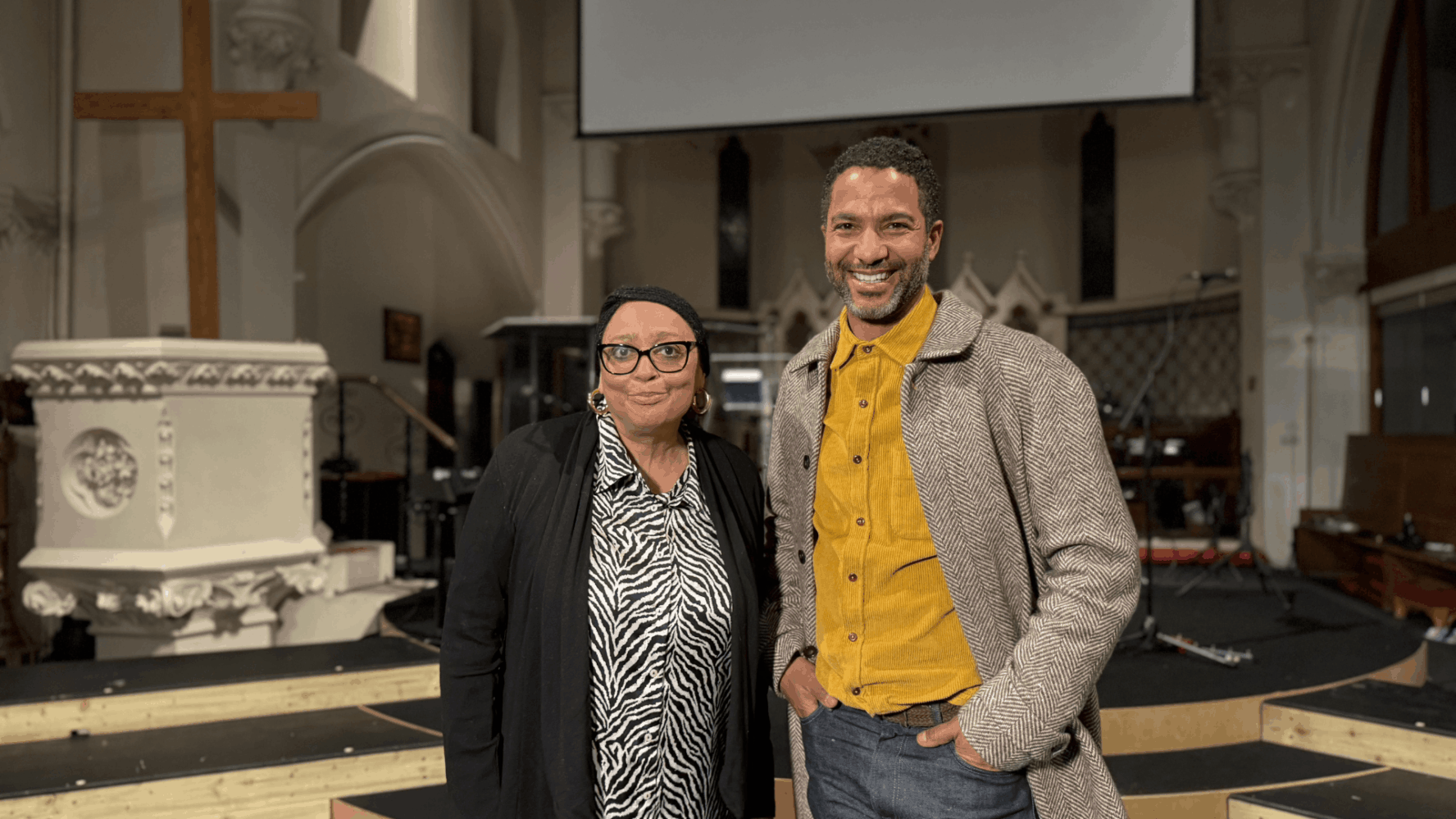 Sharon, who is now debt free, with Songs of Praise presenter Sean Fletcher